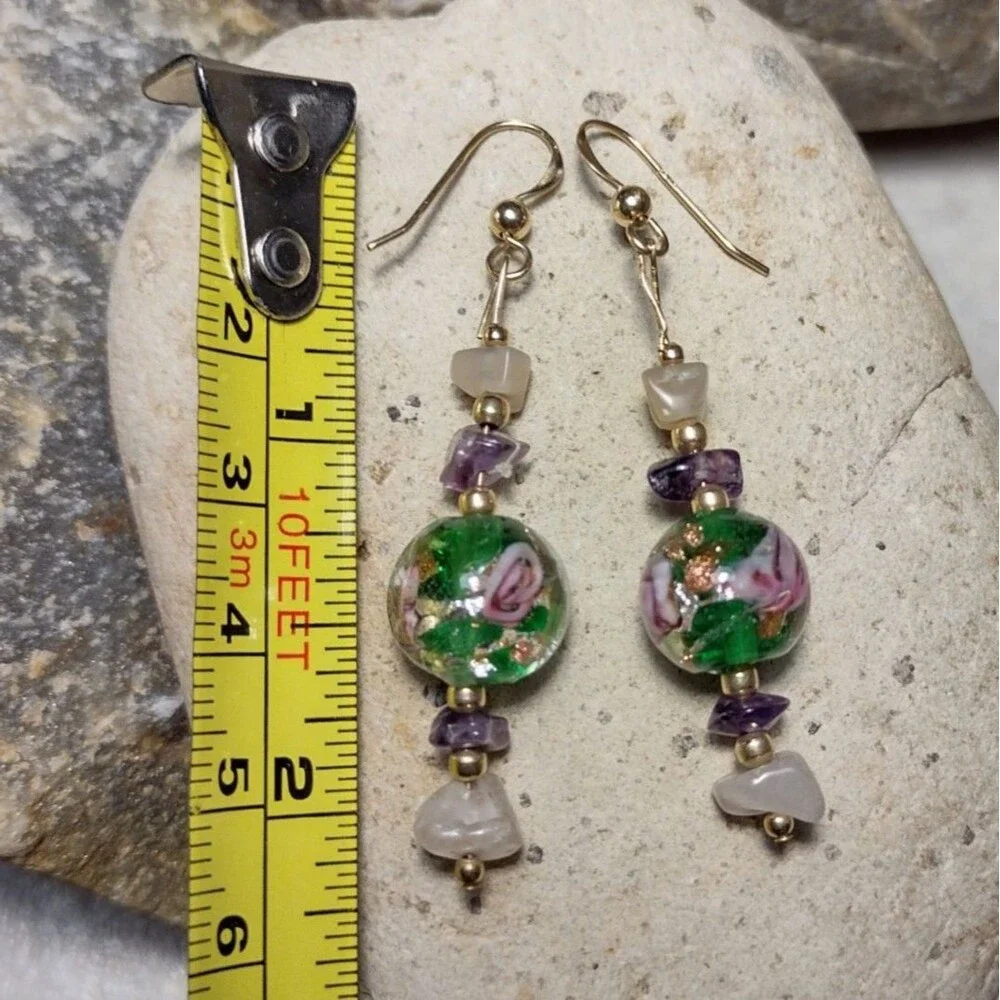 14k GF Murano Glass Foil Rose Bead Dangle Earrings
